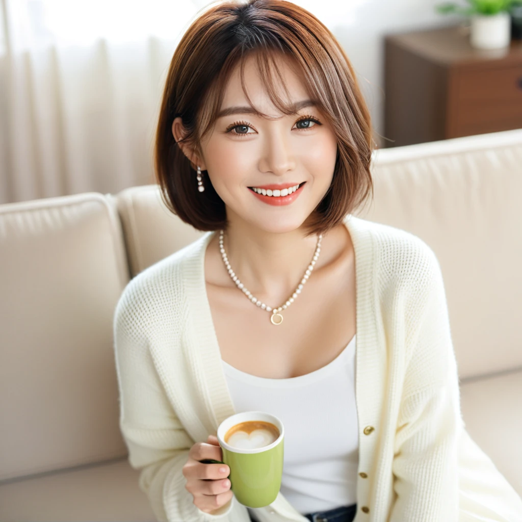Beautiful Korean woman close-up, Chest 32 inches, Wear a cardigan with a blouse, Short Medium Hair, smile. necklace, Sitting on the couch and drinking coffee, porcelain coffee cup, Bokeh Background, Ultra-high resolution