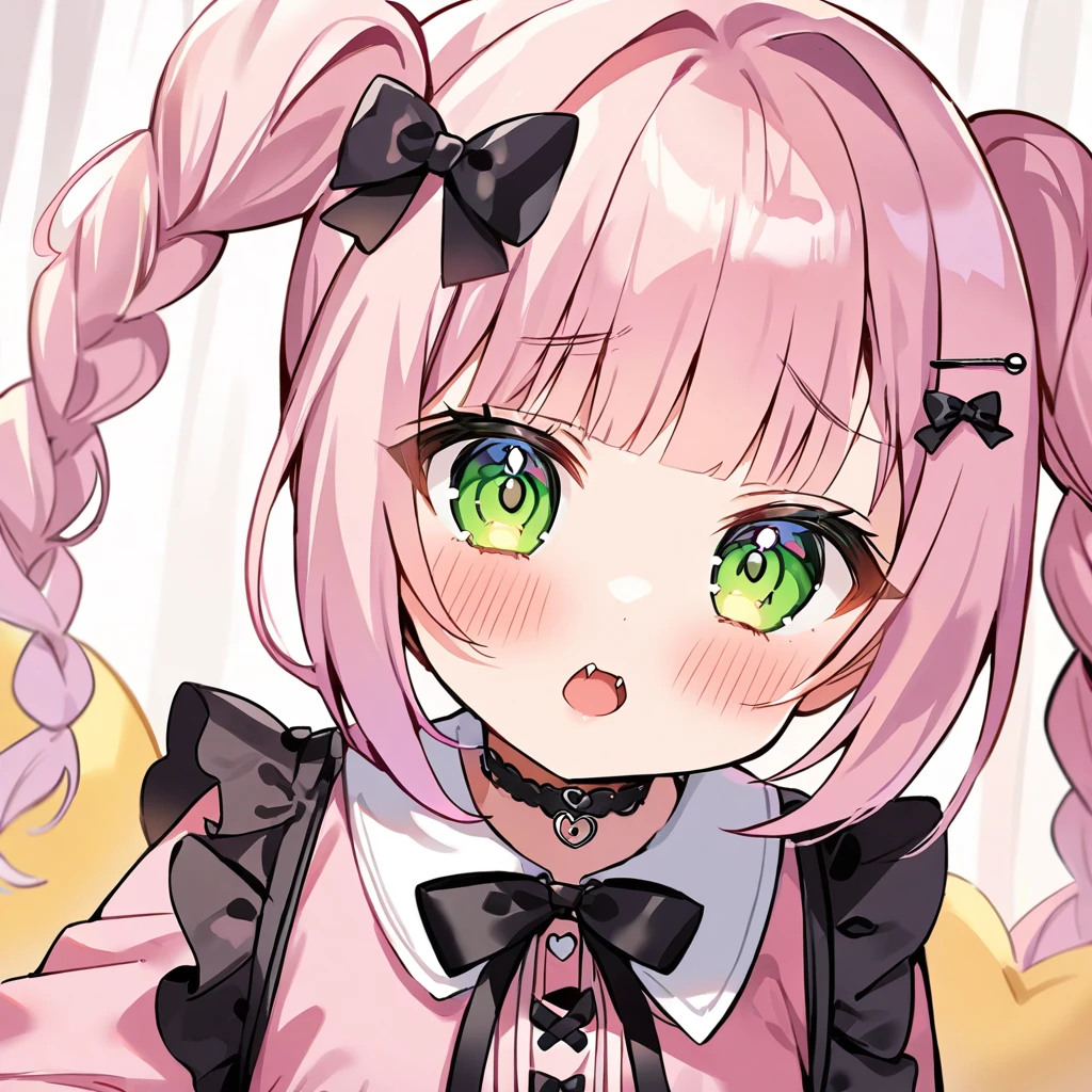 Top quality, masterpiece, chibi character, peal purple and blunt bangs hair, twin braids, green eyes, mouth wide open and screaming, blushing, smilng,fangs,(a girl with closs hair pin,
pink shirt,cosplay, jirai kei, bangs, black skirt, black bow, looking at viewer, bow, long sleeves, choker, ribbon,portrait shot :1.4),A girl collapses face down,