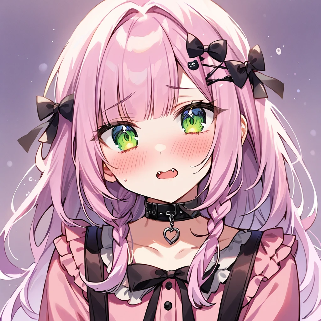Top quality, masterpiece, chibi character, peal purple and blunt bangs hair, twin braids, green eyes, mouth wide open and screaming, blushing, smilng,fangs,(a girl with closs hair pin,
pink shirt,cosplay, jirai kei, bangs, black skirt, black bow, looking at viewer, bow, long sleeves, choker, ribbon,portrait shot :1.4),A girl collapses face down,