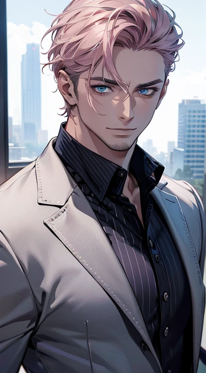 (best quality,4k,8k,highres,masterpiece:1.2),ultra-detailed,(realistic,photorealistic,photo-realistic:1.37),1 man,31 years old,mature man,very handsome,without expression,smile,short grey pink hair,blue eyes,penetrating gaze,perfect face without errors,imposing posture,businessman,office background,cinematic lighting,hdr image