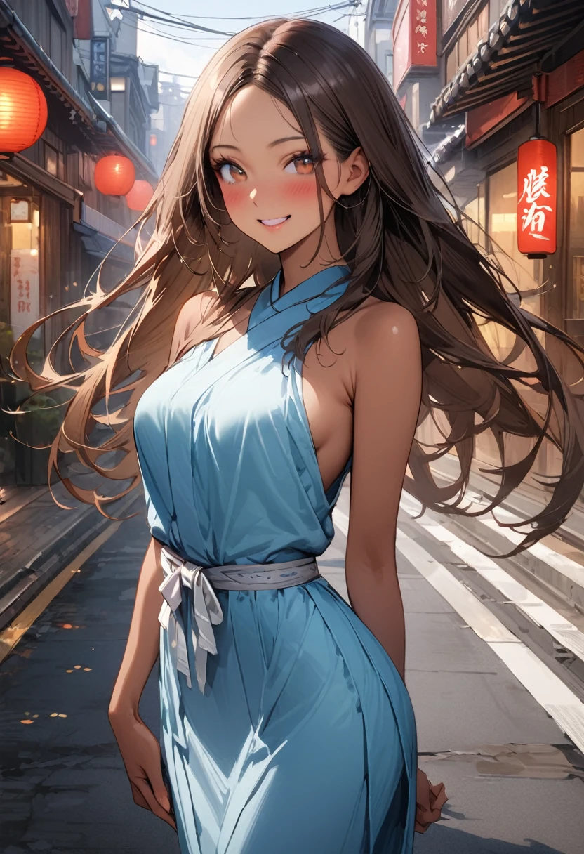 ((masterpiece,Highest quality:1.3,best quality illustration,realistic)),cowboy shot,独奏,1woman,(Mature Japan beauties)、brown hair,long hair,center parted bangs,brown eyes,gorgeous eyes,((very small head:1.3)),blush,smile,((very long body:1.2,skinny)),medium breasts,(tan skin:1.4), (gleaming skin,toned body,slender body),、Dark blue blazer jacket、Ribbon tie、Navy blue pleated mini skirt、on street,Tokyo、