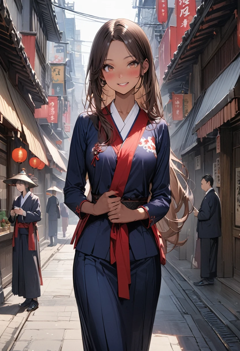 ((masterpiece,Highest quality:1.3,best quality illustration,realistic)),cowboy shot,独奏,1woman,(Mature Japan beauties)、brown hair,long hair,center parted bangs,brown eyes,gorgeous eyes,((very small head:1.3)),blush,smile,((very long body:1.2,skinny)),medium breasts,(tan skin:1.4), (gleaming skin,toned body,slender body),、Dark blue blazer jacket、Ribbon tie、Navy blue pleated mini skirt、on street,Tokyo、