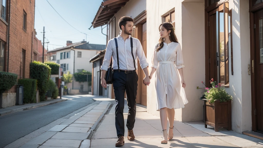 ((best quality)), ((masterpiece)), (detailed),At the door of the company,A woman passes by,A man holds her hand