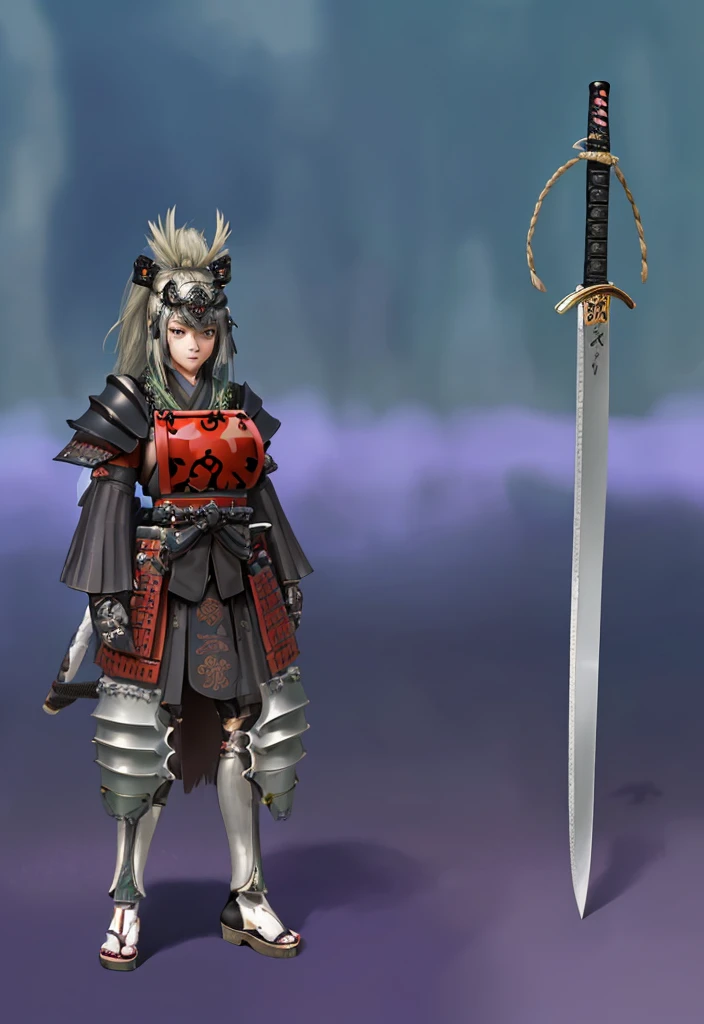 (masterpiece), best quality, high quality art, very detailed texture, super detailed picture high detail texture, high texture detail, super detailed render, hd detailed texture, 1Girl, standing, master piece, full body character concept, full body character design, full body concept art, Samurai, face hidden by Armor helmet shadow, Gray armor, Green tattoo, swordman, detailed Armor Japan, Samurai, beside there is a Katana, green symbol, full Gray Armor japan, big boob