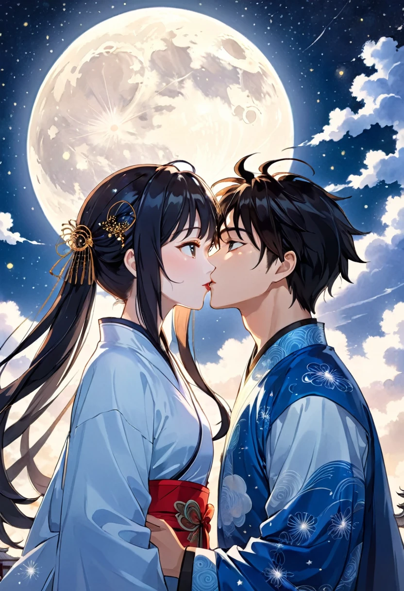 a couple in love under a full moon and starry sky, detailed anime style portrait, ancient chinese ink painting style art, manga cover style, moon behind them, clean and detailed anime style, guys, digital anime illustration, detailed and clean anime art, detailed manga style, illustration anime, anime style illustration, 4k anime style, detailed digital anime art，((kiss))