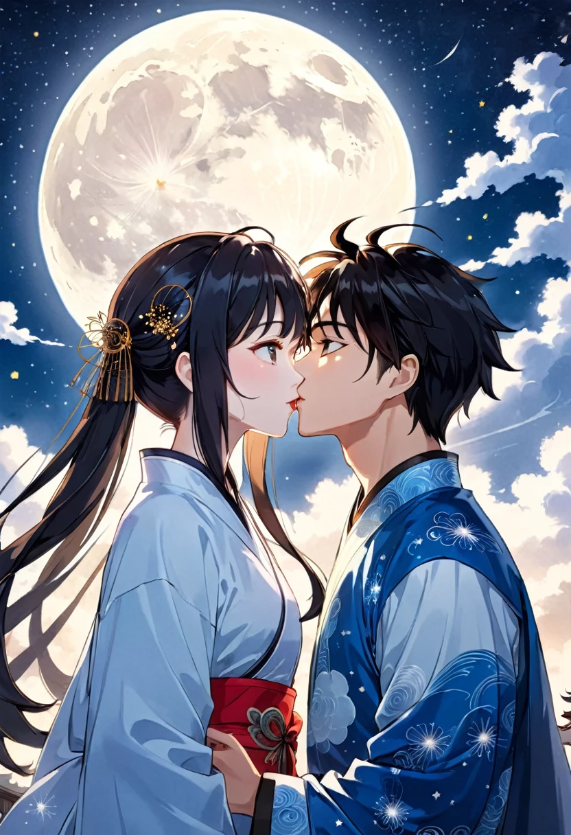 a couple in love under a full moon and starry sky, detailed anime style portrait, ancient chinese ink painting style art, manga cover style, moon behind them, clean and detailed anime style, guys, digital anime illustration, detailed and clean anime art, detailed manga style, illustration anime, anime style illustration, 4k anime style, detailed digital anime art,((kiss))