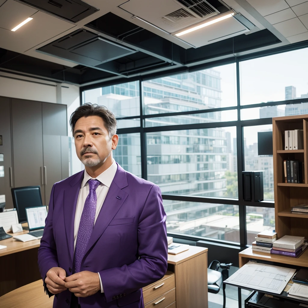 Create an image of a middle-aged man wearing a purple suit, representing an architect with an MBTI personality type. Show him earnestly designing with architectural plans in hand. Incorporate design elements that evoke the atmosphere of a modern architect's office around him.