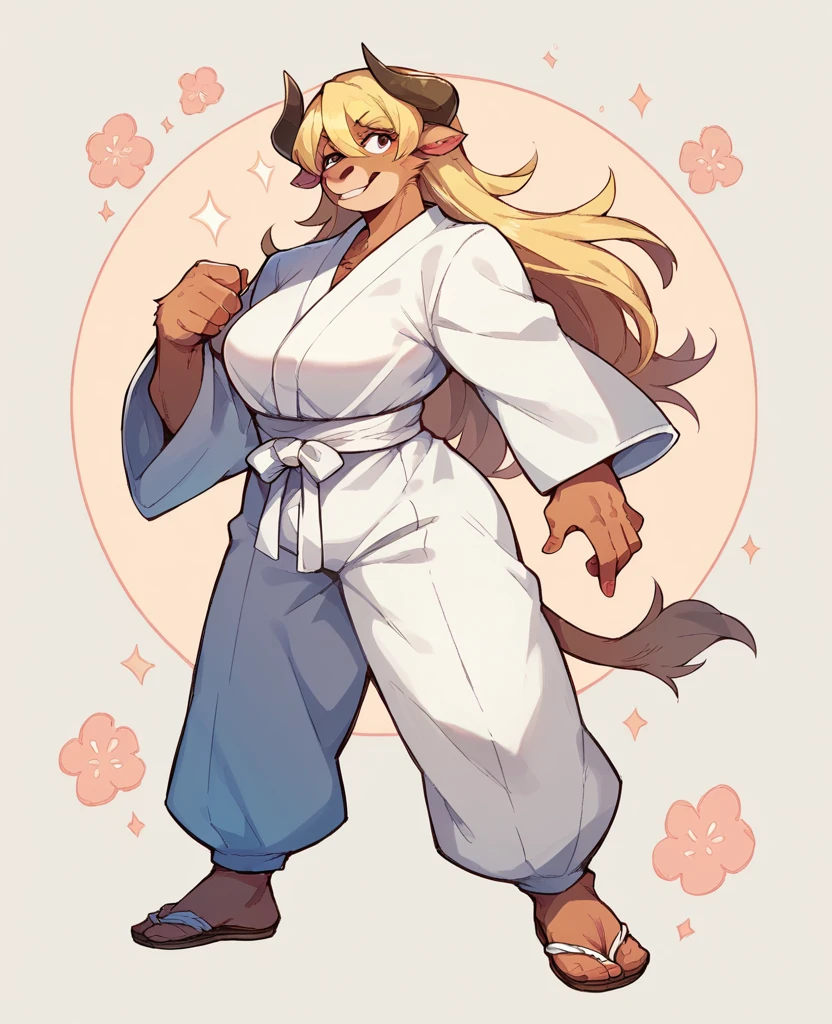 beautiful blonde fur minotaur woman full body Kyokushinkai karate master wearing karate clothes doing katas