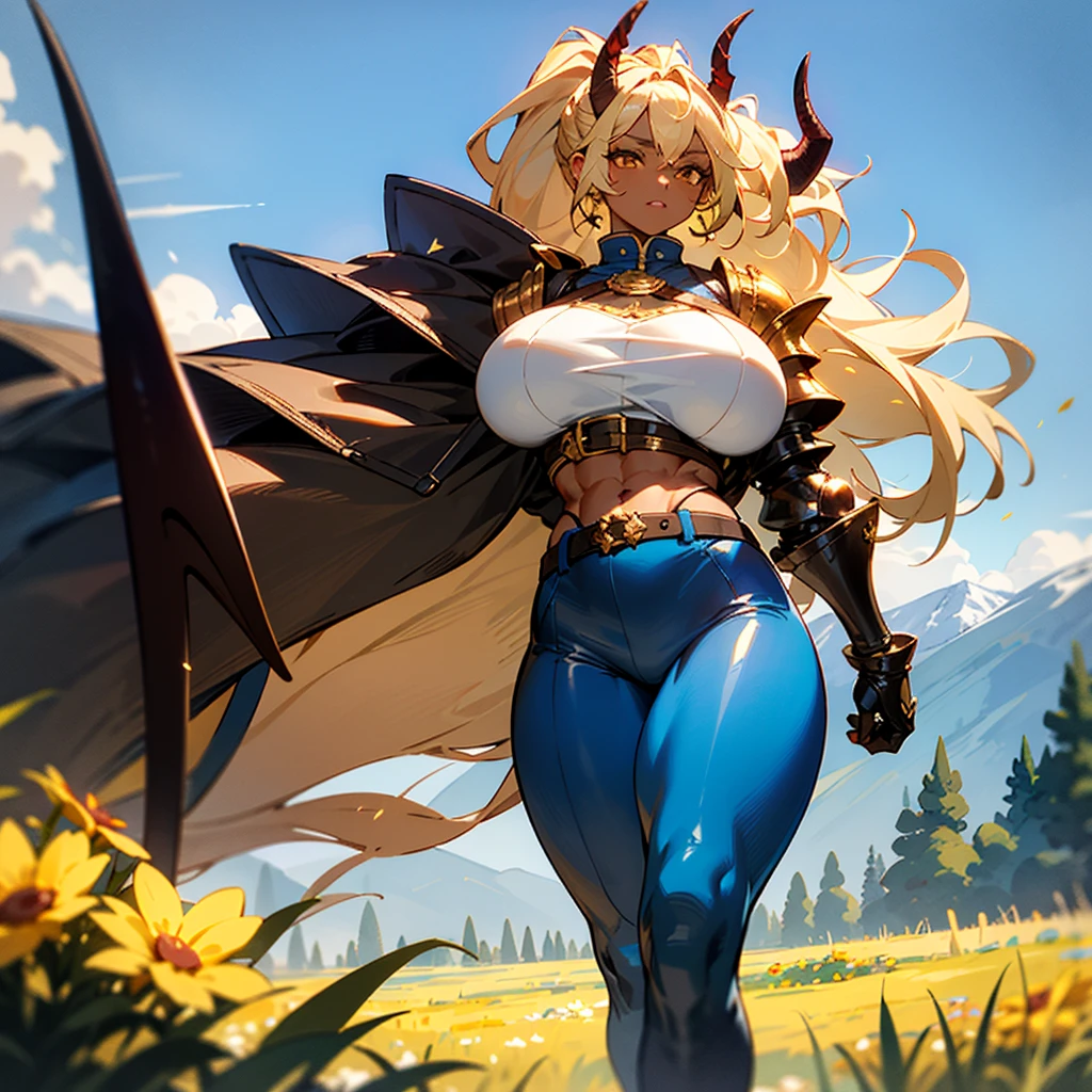 1girl, detailed ((blonde hair)), (gold eyes), ((big red horns)), {{dark skin}}, ({dark skinned female}), gigantic breasts, thick thighs, translucent blue veins on the body, strong abdominal muscles, strong leg muscles, strong arm muscles, ponytail hairstyle, wearing a blue coat with rolled up sleeves, steel belly heavy armor, leather pants, leather steel gloves, wide a leather belt with gold yarn walks through a flower meadow against the backdrop of distant high mountains,