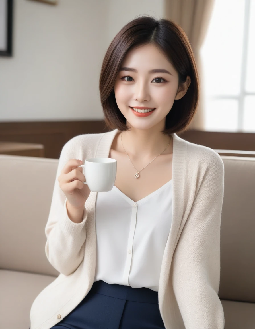 Beautiful Korean Woman , 32 inch chest size, Your eyes are big and pretty. Wearing a cardigan with a blouse, casual pants, short medium hair, Smile. necklace, sit on the sofa and drink coffee, porcelain coffee cup, uhd