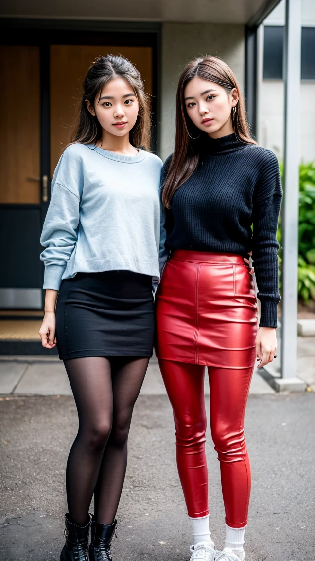 (Highest quality, masterpiece, Photo Real, Super detailed, Ultra-high resolution, born:1.3), Detailed face,(Two girls) 16 years old Japanese girl wearing a skirt and leg warmers bare leg. Wears a crew neck sweater. Has to pee. She press her bladder to hold her pee. Other girl 20 years old. Wear pencil skirt and leggings comfort her