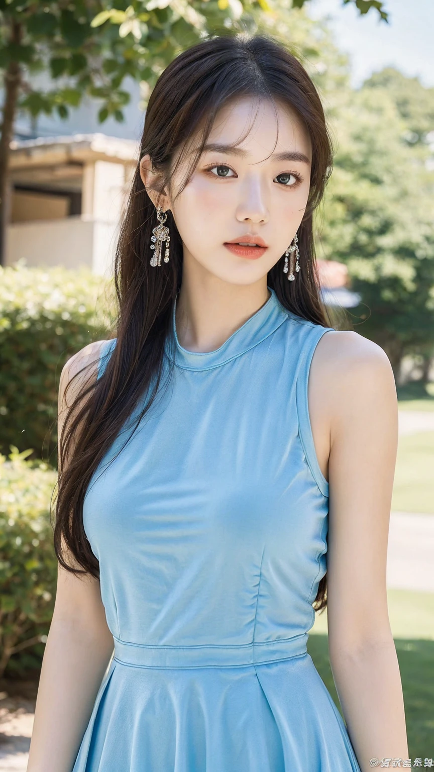 ((best quality, 8K, masterpiece:1.3))，1 woman，18 years old，Asian，real texture:1.3，(blur background:1.3)，gorgeous long dress，tall and slender figure:1.2，(hot summer weather)，（distance:1.3），Highly detailed face and skin textures，exquisite eyes，long eyelashes，double eyelid，skin whitening，happy，big bust