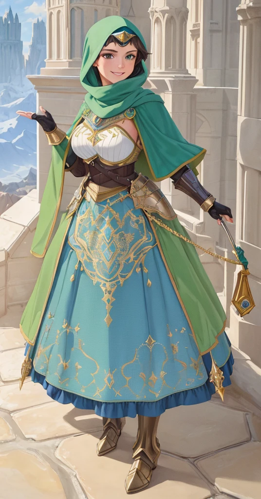 masterpiece, best quality:1.2), 1girl, smile, looking at viewer, green eyes, short brown hair, princess, armor, blue hijab headscarf, pauldrons, armored dress, green cloak cape, wearing puffy blue ballgown skirt, armored boots, fingerless gloves, standing in front of desert castle
