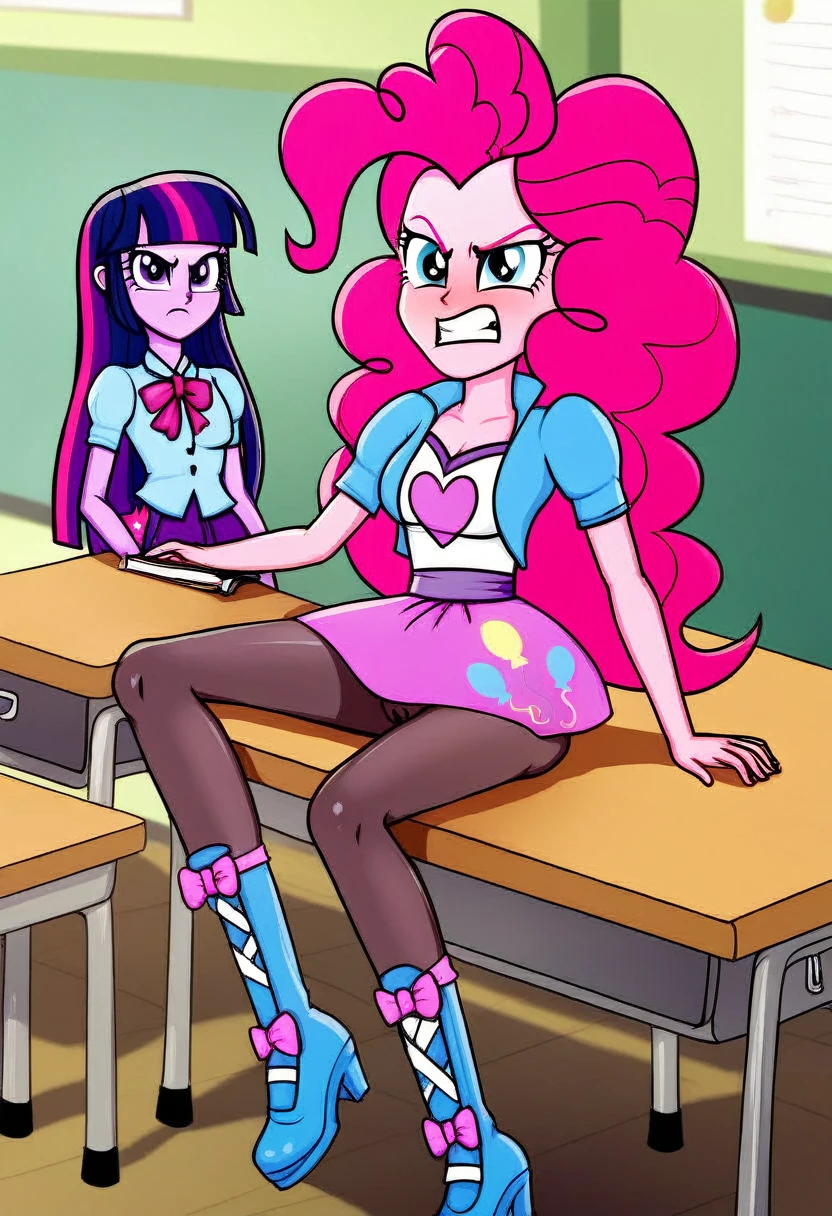 Eqg angry Twilight sparkle bodystocking he is sitting at a school desk and has a vagina. Pinkie pie