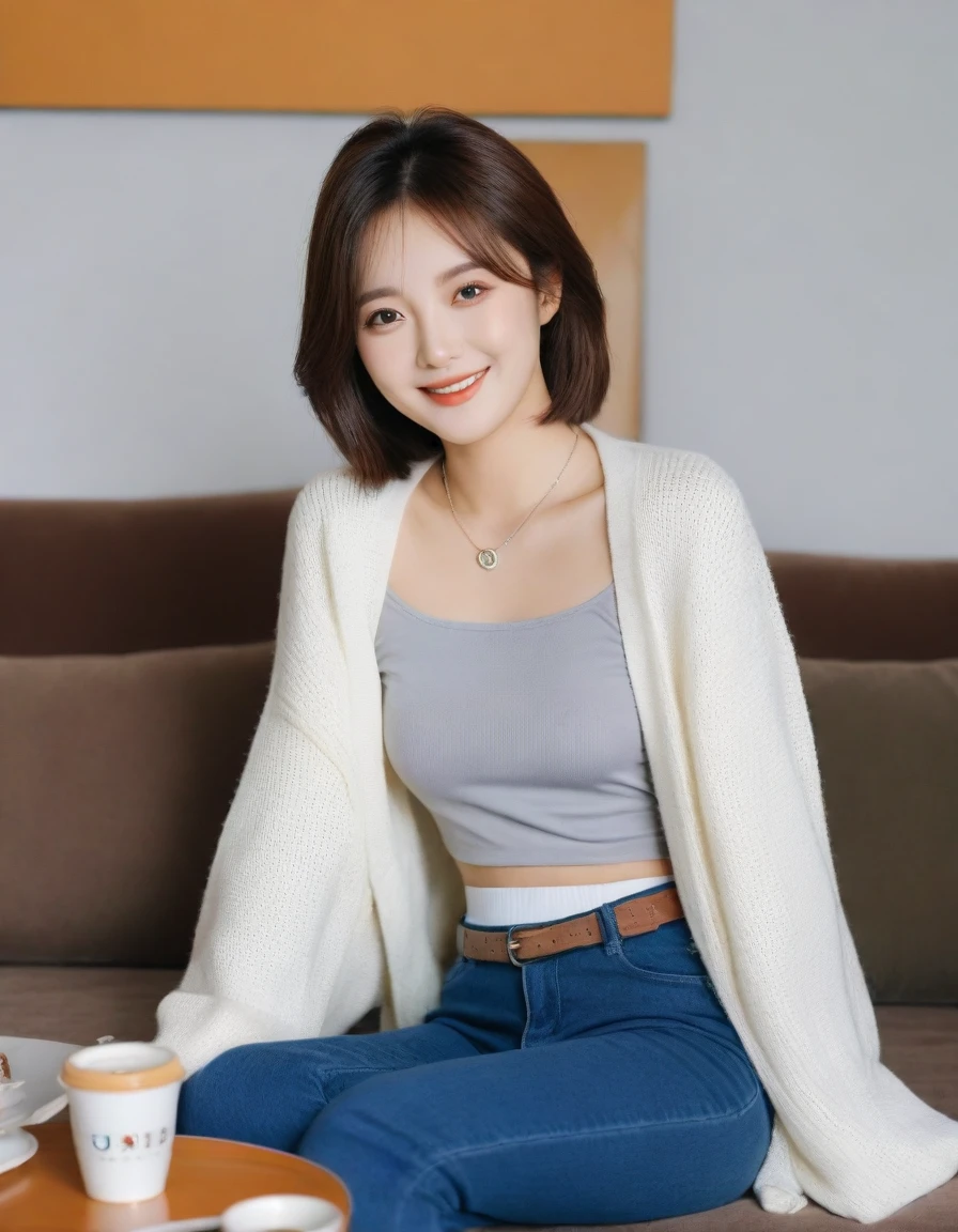 Beautiful Korean Woman , 32 inch chest size, Your eyes are big and pretty. Wearing a cardigan with a blouse, casual pants, short medium hair, Smile. necklace, sit on the sofa and drink coffee, porcelain coffee cup, uhd