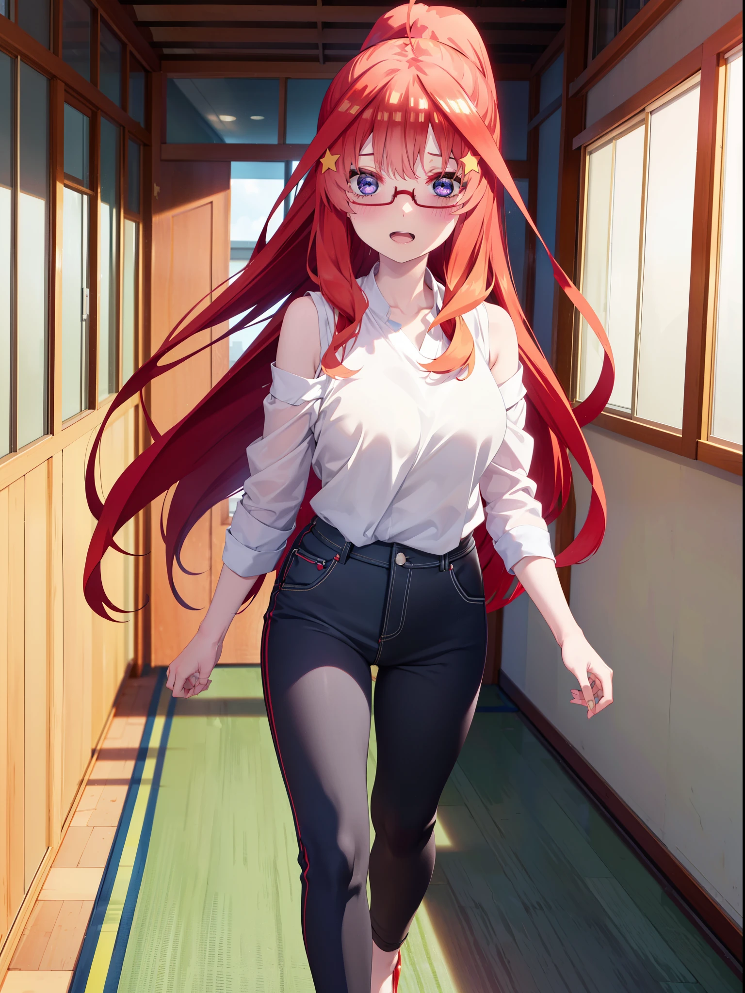 itsukinakano, itsuki nakano, One Woman,bangs, blue eyes, Hair between the eyes, Ahoge, Redhead, star \(symbol\), hair ornaments, star hair ornaments,smile,blush,Open your mouth,ponytail,Red-rimmed glasses,Cold Shoulder Shirt,skinny pants,Stiletto heels,Walking,whole bodyがイラストに入るように,
break indoors, School,廊下
break looking at viewer, whole body,
break (masterpiece:1.2), Highest quality, High resolution, unity 8k wallpaper, (figure:0.8), (Beautiful attention to detail:1.6), Highly detailed face, Perfect lighting, Highly detailed CG, (Perfect hands, Perfect Anatomy),