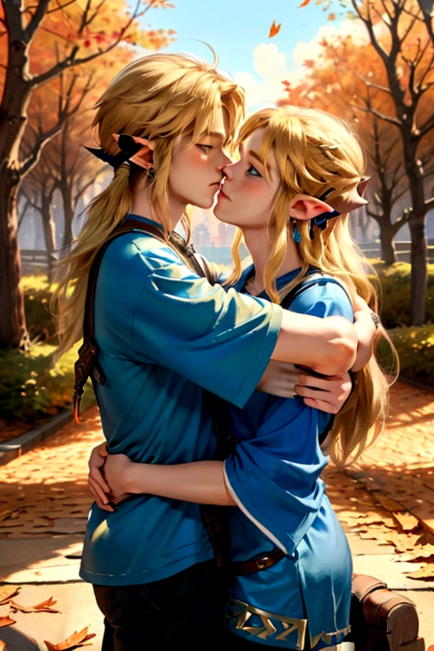((artwork)), (Highest quality), (detailed), ((1 boy)), (Link to the Legend of Zelda), smile, A short blonde, blue-eyed boy and a long-haired, blonde girl are embracing each other in the autumn leaves、Autumn scenery、Embrace each other、kiss