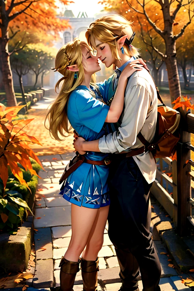 ((artwork)), (Highest quality), (detailed), ((1 boy)), (Link to the Legend of Zelda), smile, A short blonde, blue-eyed boy and a long-haired, blonde girl are embracing each other in the autumn leaves、Autumn scenery、Embrace each other、kiss