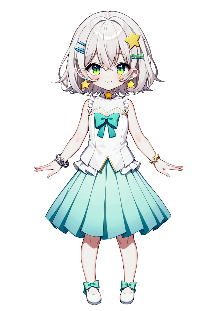 (vtubermodel:1.2) fullbody, 1girl, with short hair color rgb(217, 210, 210) with a faint blue sheen at the tips and green blue eyes, smiling, (white sleeveless top with lace and a small bow:1), (light blue pleated skirt with star patterns and hints of Ruri green:1), white flat shoes with star decorations, fluffy star-shaped hair clip, silver bracelet with star charms, small star-shaped earrings, high quality, extra detailed, rendered, sharp face, symmetrical, facing viewer, A-pose, (white background:1.5), looking at viewer, elements of Ruri green subtly incorporated in the outfit