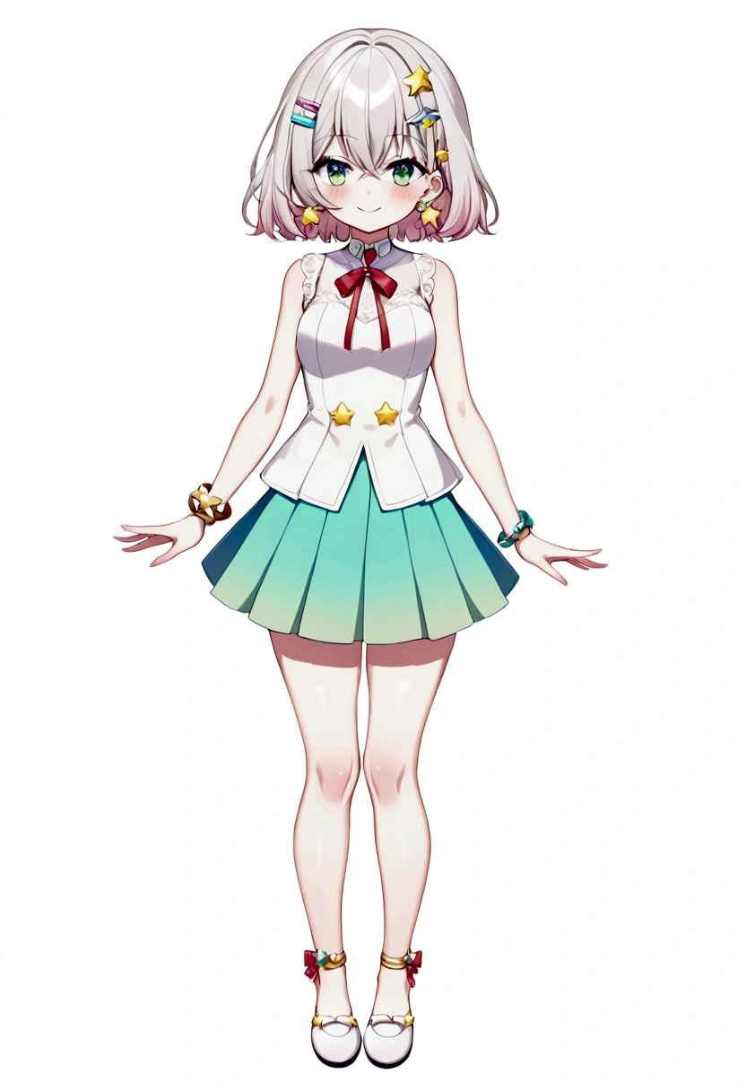 (vtubermodel:1.2) fullbody, 1girl, with short hair color rgb(217, 210, 210) with a faint blue sheen at the tips and green blue eyes, smiling, (white sleeveless top with lace and a small bow:1), (light blue pleated skirt with star patterns and hints of Ruri green:1), white flat shoes with star decorations, fluffy star-shaped hair clip, silver bracelet with star charms, small star-shaped earrings, high quality, extra detailed, rendered, sharp face, symmetrical, facing viewer, A-pose, (white background:1.5), looking at viewer, elements of Ruri green subtly incorporated in the outfit