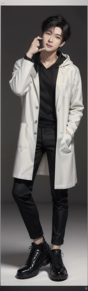 (photorealistic:1.2), (high detail face:1.3), (high detail hands:1.3), (anatomically correct hands:1.2), handsome young asian man, Japanese idol style, short clean-cut hair, ((center part)), (crisp white lab coat:1.3), ((black hoodie underneath:1.2)), (black pants:1.2), (black shoes:1.2), calm confident expression, (holding a product in right hand:1.3), (pointing with left index finger:1.3), explaining pose, plain white background, mid-shot portrait, full body view, high quality, detailed, 8K, (realistic skin texture:1.2), (sharp focus:1.1), (contrast between white coat and black clothing:1.2)