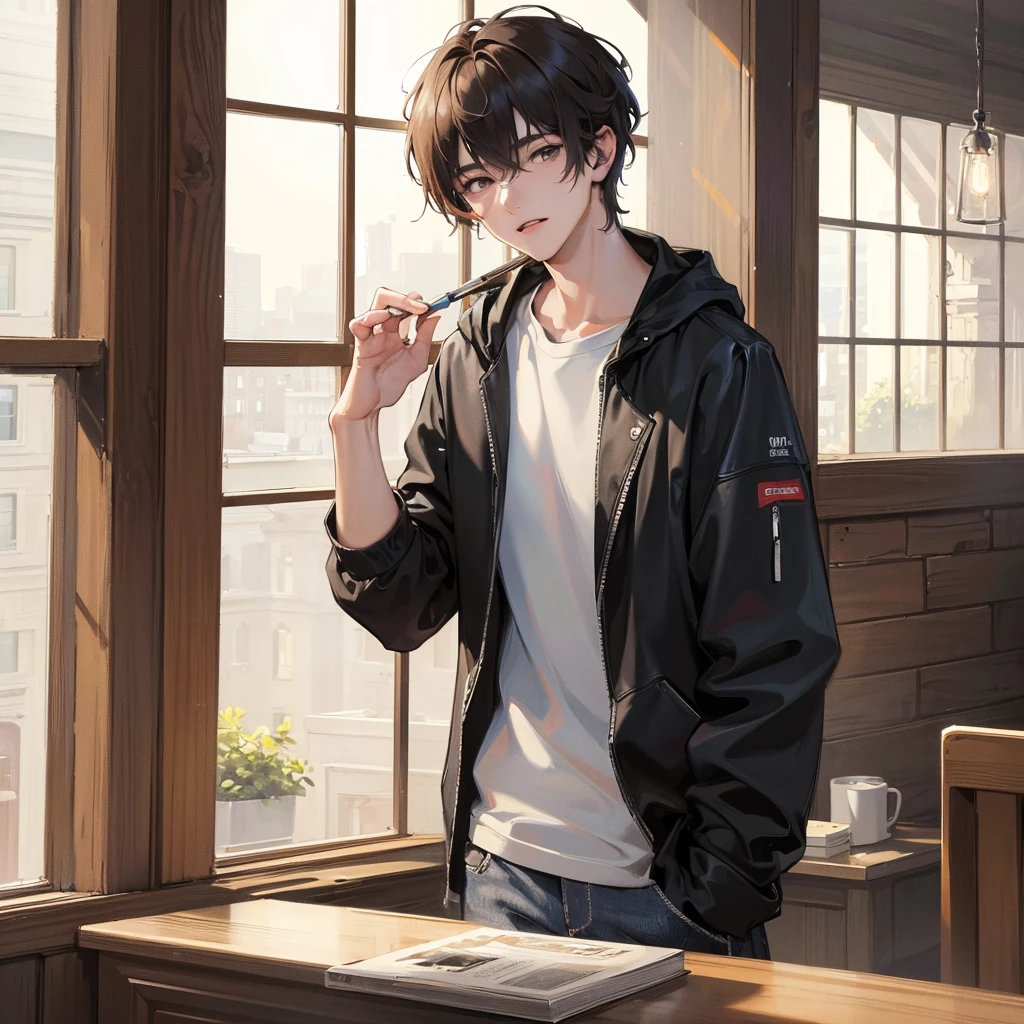 (best quality,4k,8k,highres,masterpiece:1.2),ultra-detailed, (looking at viewer) a young man in casual clothing, 22 years old, indoors next to window, modern, dynamic lighting, detailed, splash colors, close up