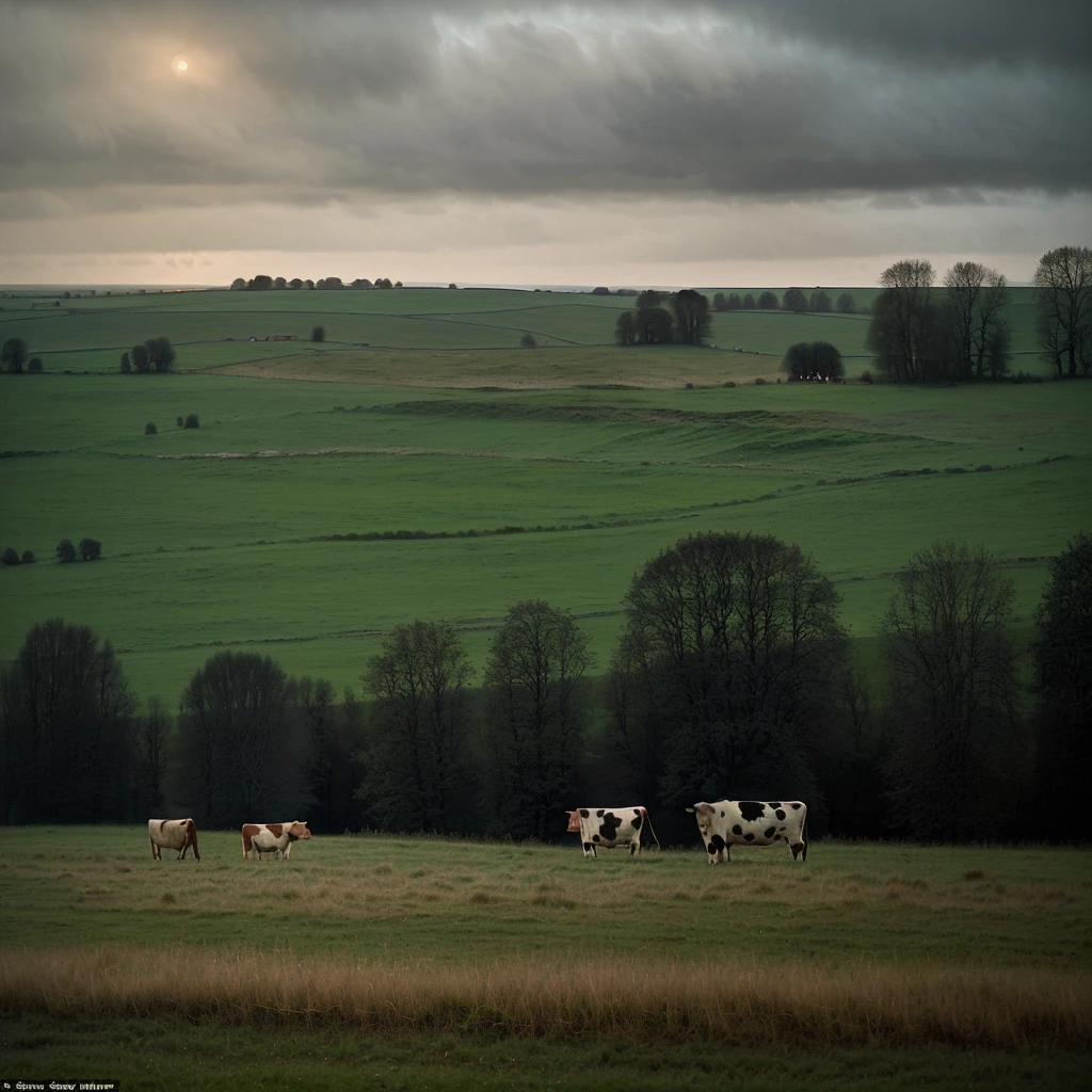 (there are two cows grazing in the grass outside of a house, a matte painting by József Koszta, cg society contest winner, tonalism, kramskoi, kramskoi 4 k, tarkovsky scene, in the style of hans thoma, tarkovsky, andrei tarkovsky scene, stefan koidl inspired, night scene, night landscape
