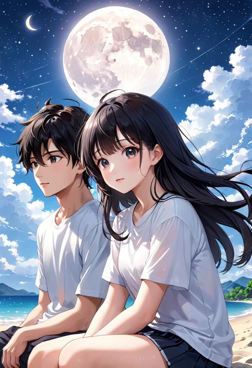 Couple, There are only two people, A beautiful woman with long hair wearing a white shirt, cute anime-style face, realistic anime girl, Chisato, black hair with bangs, Kurumi, cute and delicate face, young cute pale Asian face, Sakimichan, midday moon and stars in the sky, Realistic anime boy, A handsome boy in a white shirt, girl sitting in boy&#39;s arms, Smiling at the camera, kiss, Look at each other