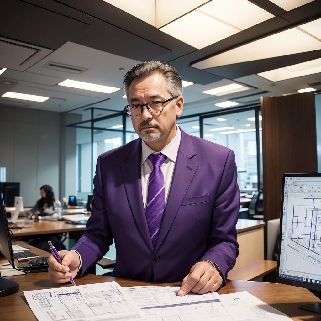 Create an image of a middle-aged man wearing a purple suit, representing an architect with an MBTI personality type. Show him earnestly designing with architectural plans in hand. Incorporate design elements that evoke the atmosphere of a modern architect's office around him.