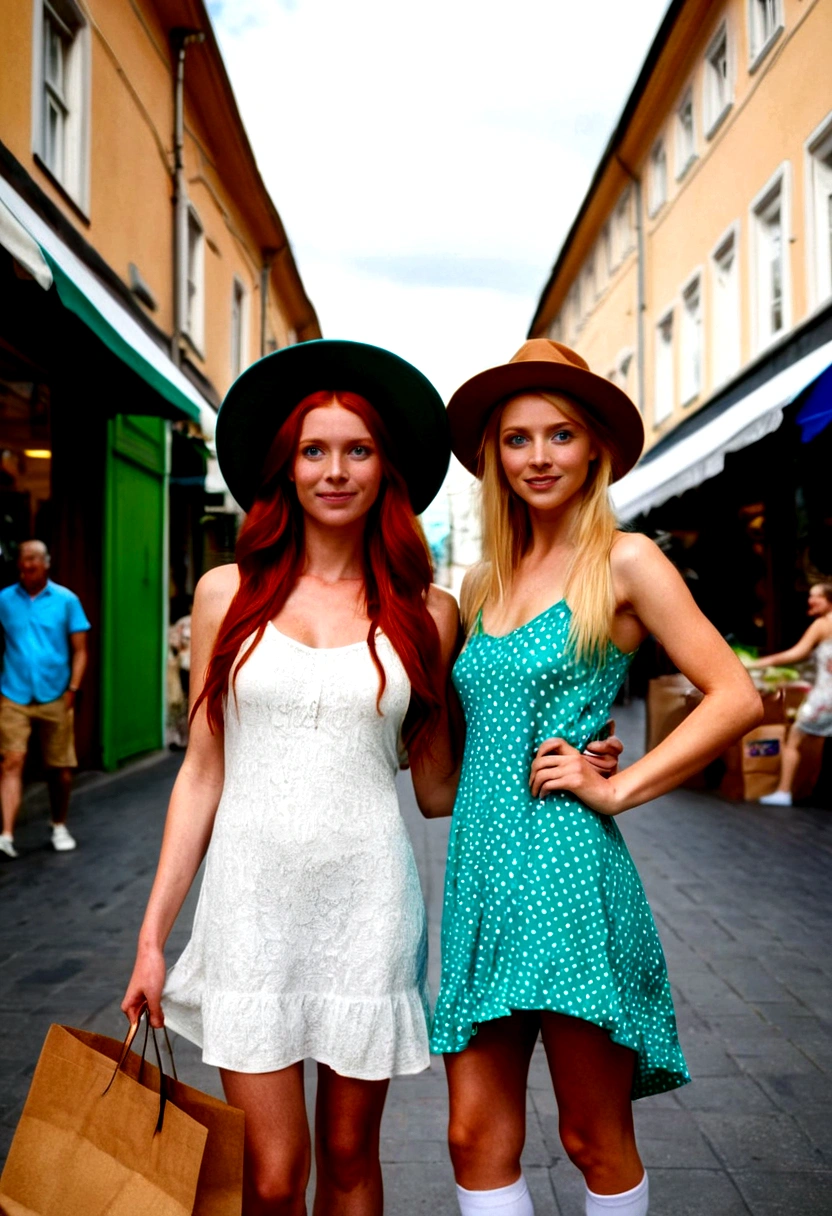 red-haired model with (bright blue eyes), Sie hat ein schönes Kleid an with white sneakers, stands with her girlfriend, a blonde model with green eyes, longer hair, She is also wearing a beautiful dress, with white sneakers. Both have a shopping bag in their hands and are standing in a pedestrian zone, with small shops. In the background are a few people. They both smile at the camera.