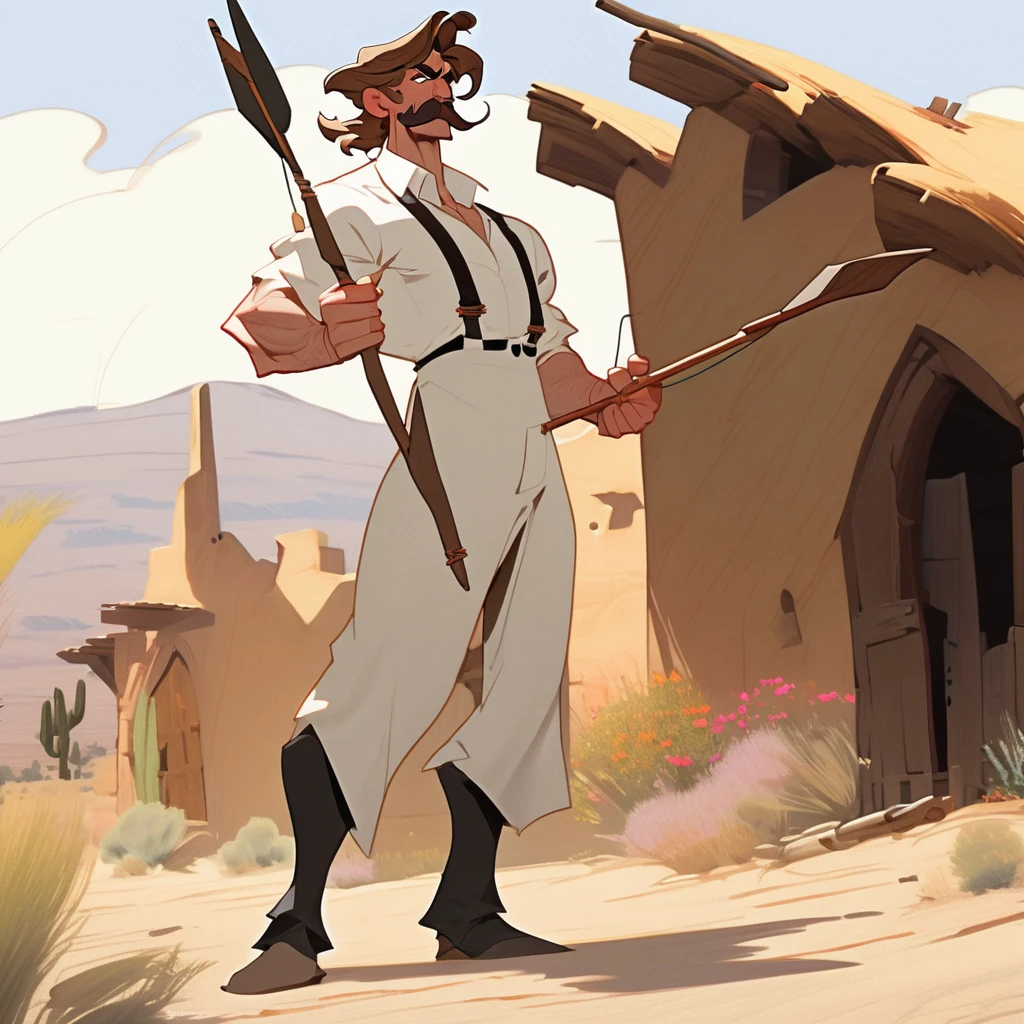 1man, Western, Brown wavy hair, strong Body, white dress shirt with, black suspender,black pants, Beret, big franch mustache, Arrogant, young adult, Muscular, full body, Holding a bow and arrow, Farm in the desert, Stable, Gray streak in hair, Wooden arch,