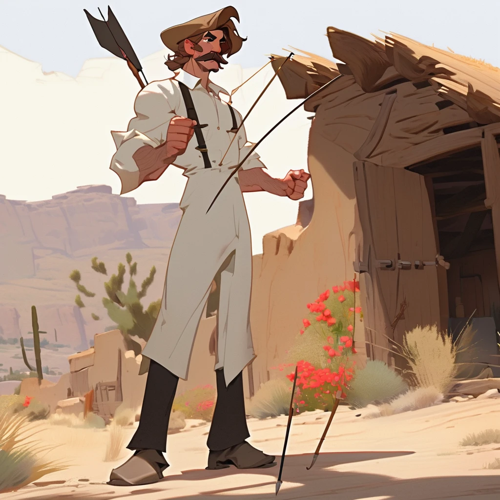 1man, Western, Brown wavy hair, strong Body, white dress shirt with, black suspender,black pants, Beret, big franch mustache, Arrogant, young adult, Muscular, full body, Holding a bow and arrow, Farm in the desert, Stable, Gray streak in hair, Wooden arch, 