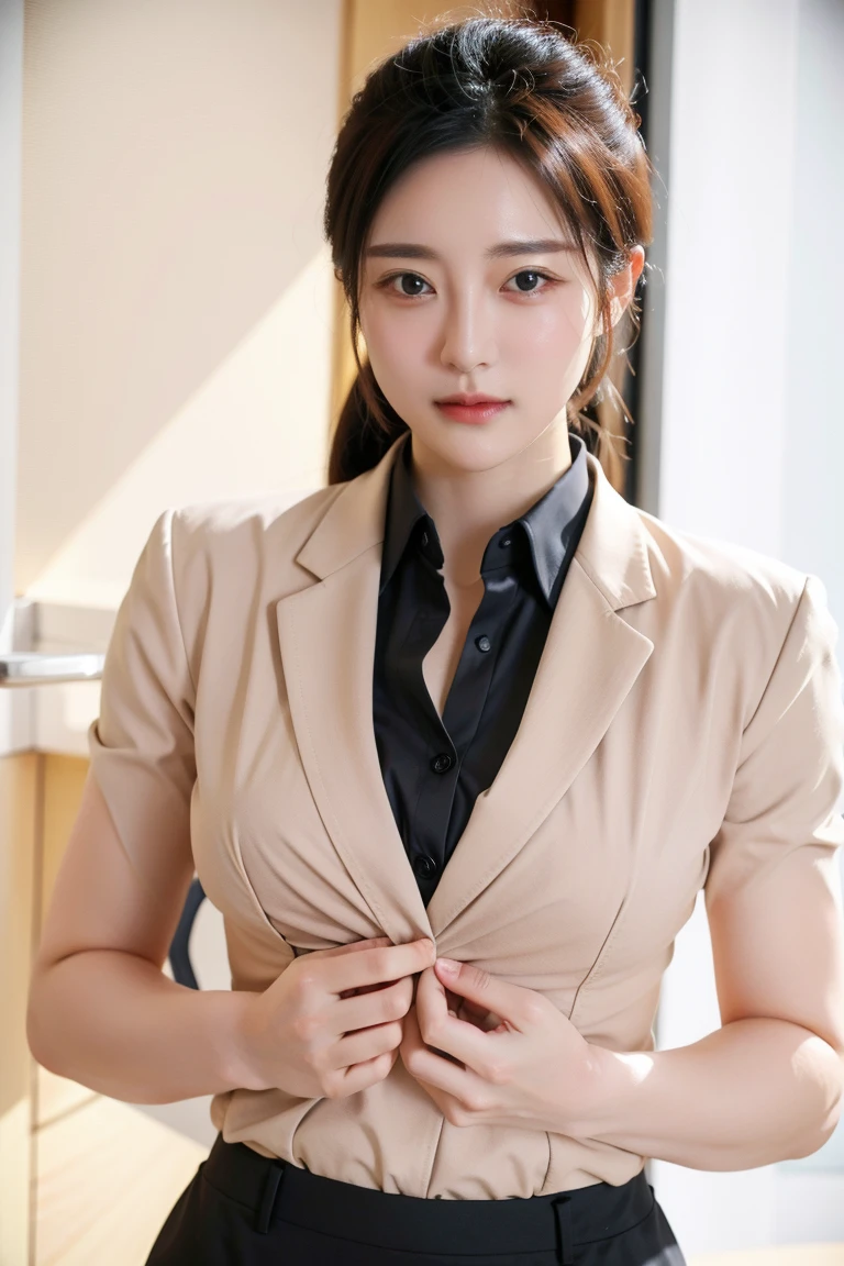 Female pastry chef in a suit。My chest is open。Big Breasts。sexy