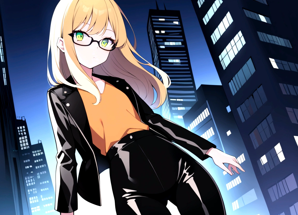 a beautiful girl, with long blonde hair, who wears black glasses, with wide hips, narrow waist, flat chest, pretty face, with green eyes, 18 years, perfect and glowing skin, wearing flared leather pants and a leather jacket, with an orange blouse, whole body, That is in a city at night.