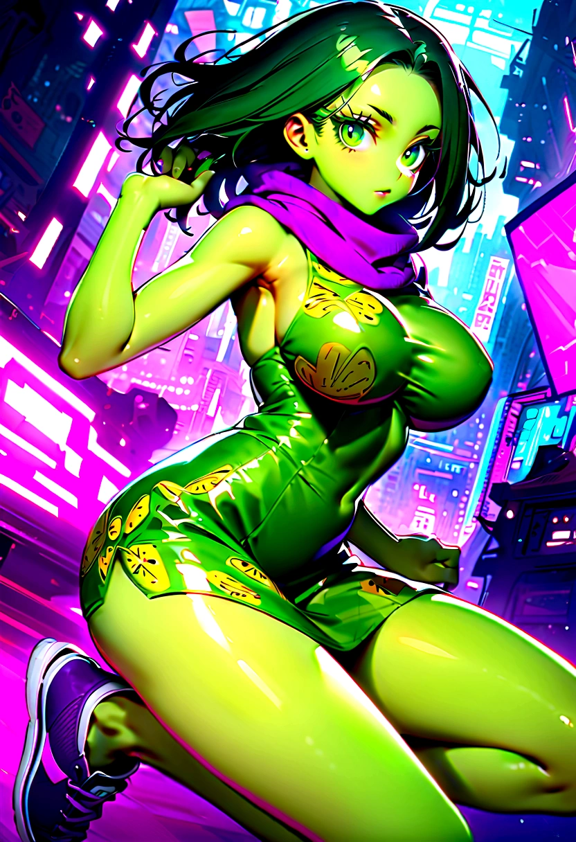 Woman with green skin, purple scarf, simple low-cut dress lemon green miniskirt, green dress with print, dark green hair, big breasts, beautiful legs, large eyes, cyberpunk background, big green eyelashes, purple sneakers, purple lycra under dress, completely naked