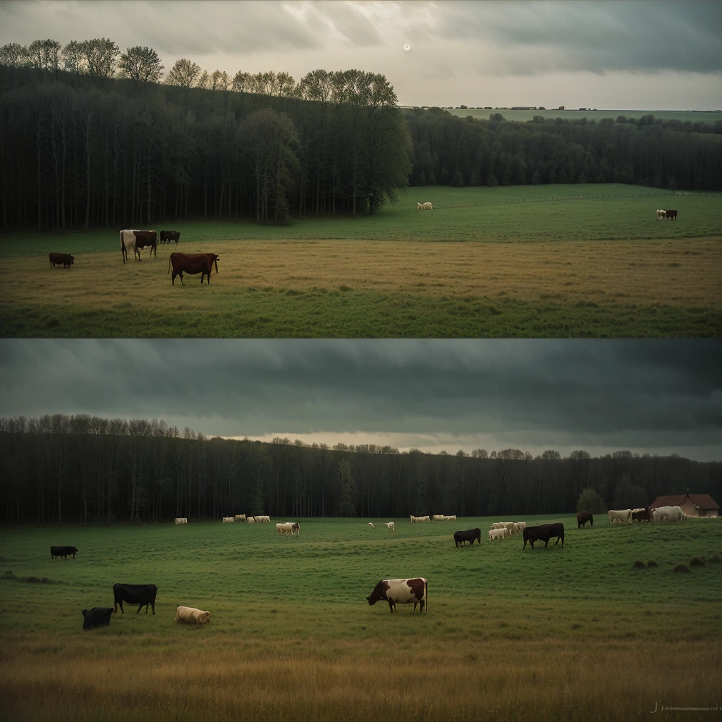 (there are two cows grazing in the grass outside of a house, a matte painting by József Koszta, cg society contest winner, tonalism, kramskoi, kramskoi 4 k, tarkovsky scene, in the style of hans thoma, tarkovsky, andrei tarkovsky scene, stefan koidl inspired, night scene, night landscape