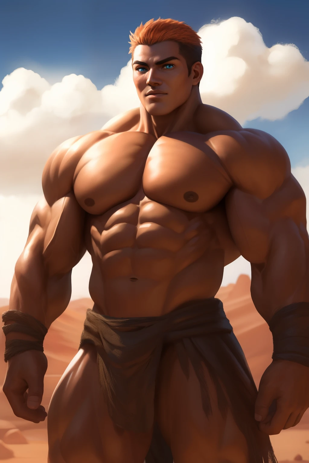 Competitive bodybuilder PRO, nj5pielry, (human, man, massive, manly, huge, muscular, gigachad, solo), man, very attractive man, mexican ethnicity. 22 years old. ((Extremely realistic shadows, Masterpiece, extremely detailed, photorealistic)), human, hornless, mischievous expression, beardless, white teeth, ((Detailed face)) nose, blue eyes, ((detailed eyes, delicate eyes, realistic eyes)), tanned skin. Conan Exiles Style, standing front, young warrior (young face) ready to fight, top rated pixiv, shirtless, pantless, 470 kgs, front view, even shoulders, perfect massive muscles, inflated muscles, voluminous pectorals, massive muscular body, a huge gigantic chest with a narrow waist, huge shoulders, ridiculously well-shaped large pecs, eight chiseled abs, arms thick as trunks and formidable thighs. (very toned and huge) hhis ridiculously broad shoulders, his absurdly wide back and his indecently muscular backs of arms, thick and defined thighs, huge and very voluminous and bulging pectorals; A muscular bodybuilder. A potential competitive bodybuilder. Even the back of his head was hot, with his jet black military haircut and voluminous neck, narrow waist, barbarian, Orange hair, military haircut, beardless, white sclera, blue eyes, no horns, d&d character, brave warrior, human, handsome face, young rocky desert behind him, sunny day, rocky desert behind him, wears a tiny coarse loincloth of torn old cloth, skill image, looking to the viewer, few clouds in the sky.