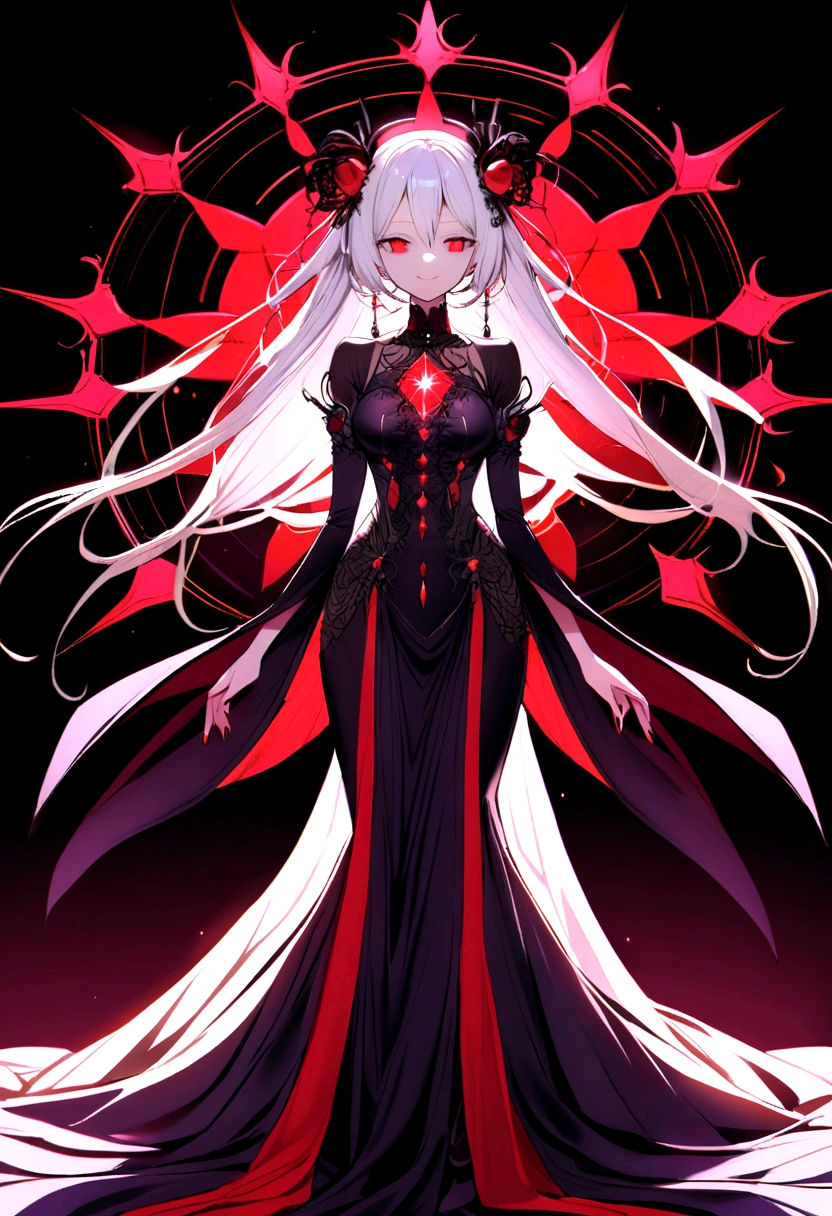 White hair woman red eyes big psychopathic smile in sexy gothic dress standing dark background with purple and red sparkles