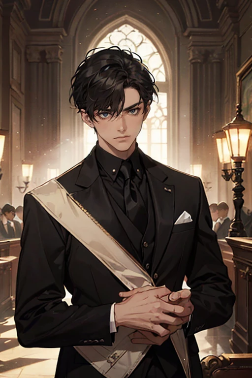 ((One young man with a black suit and tie)), alejandro, (((one side swept dark short neat hair))), ( green eyes and thick eyebrows), ((20 years old)), ((masterpiece)), ((cinematic lighting)), relax look and smirk, waiting for someone