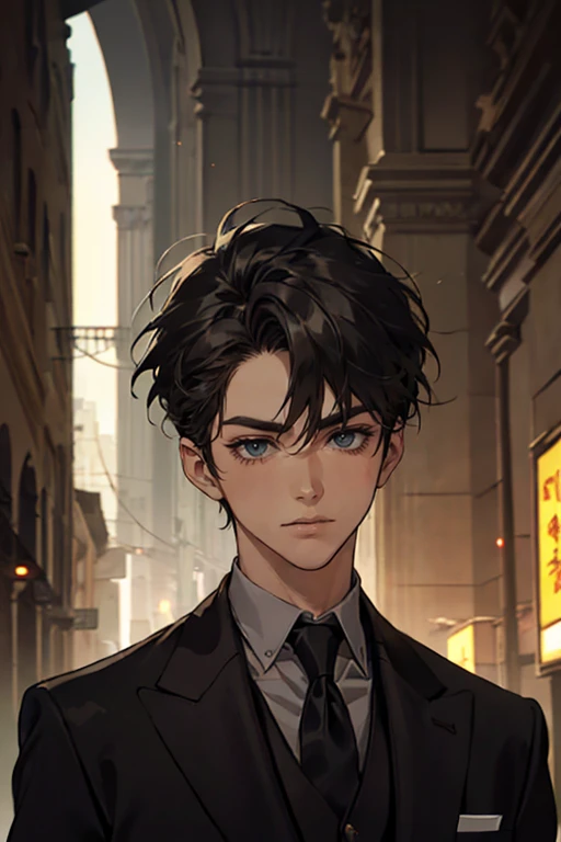((One young man with a black suit and tie)), alejandro, (((one side swept dark short neat hair))), ( green eyes and thick eyebrows), ((20 years old)), ((masterpiece)), ((cinematic lighting)), relax look and smirk, waiting for someone