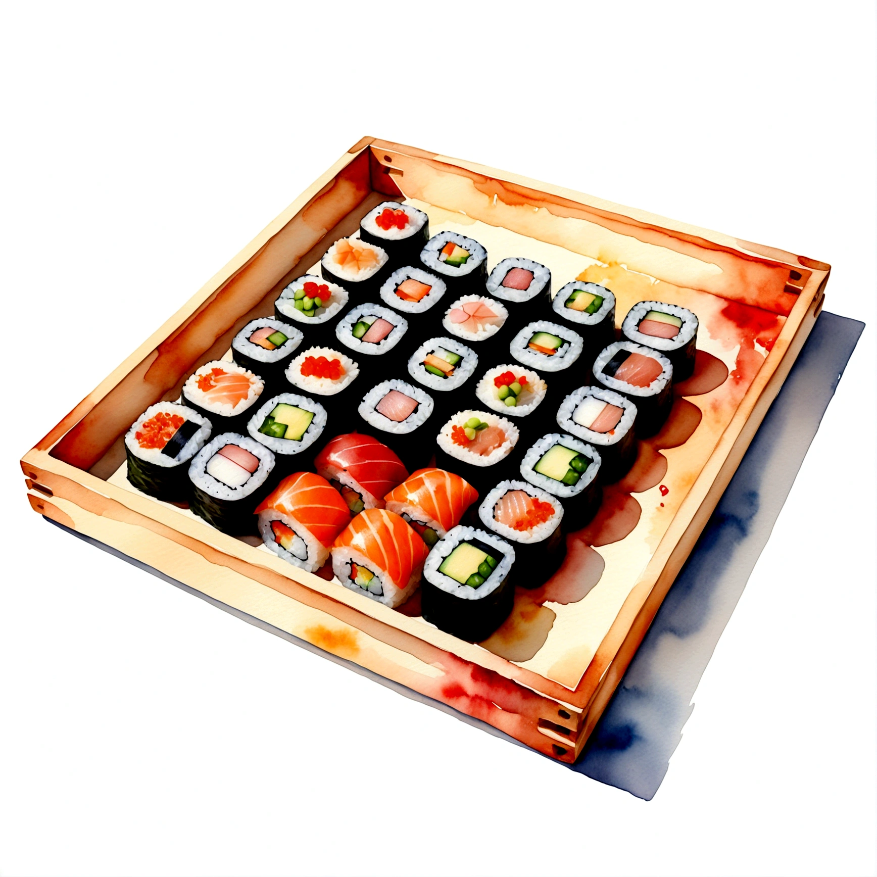 here are many different type delicious sushi, served in a wooden tray, the tray is full, illustration, isolated with solid white background, surrounded with negative space, centered compositon, 8k, highly detailed painting, very precise painting, Isolated, clear brilliant white background, perspective angle of view, vector clipart, washed out color ((lora:add-detail-xl:1)), (watercolor),