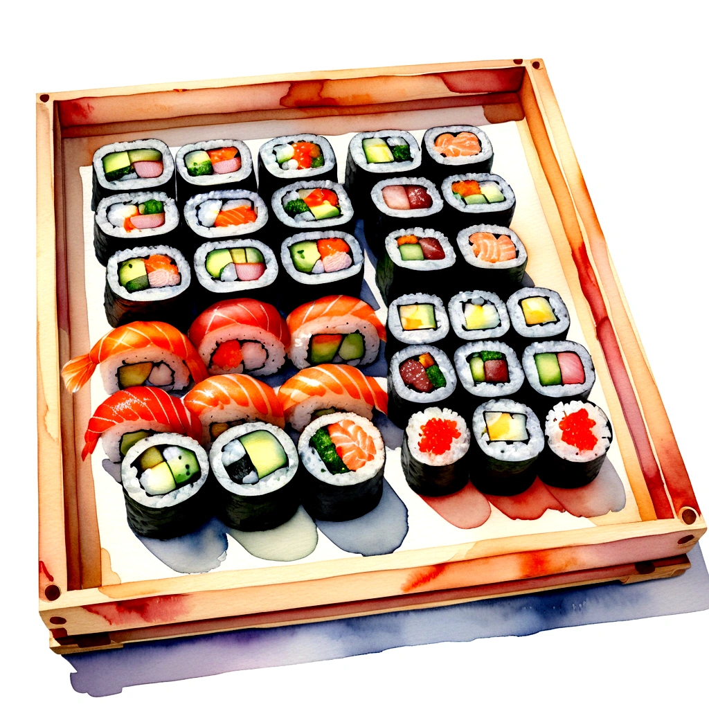 here are many different type delicious sushi, served in a wooden tray, the tray is full, illustration, isolated with solid white background, surrounded with negative space, centered compositon, 8k, highly detailed painting, very precise painting, Isolated, clear brilliant white background, perspective angle of view, vector clipart, washed out color ((lora:add-detail-xl:1)), (watercolor),