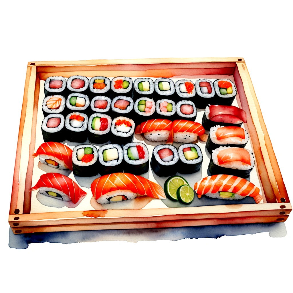 here are many different type delicious sushi, served in a wooden tray, the tray is full, illustration, isolated with solid white background, surrounded with negative space, centered compositon, 8k, highly detailed painting, very precise painting, Isolated, clear brilliant white background, perspective angle of view, vector clipart, washed out color ((lora:add-detail-xl:1)), (watercolor),