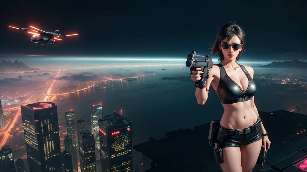 At night, dark sky, aerial view of cyberpunk city, giant Moai buildings, ((flying vehicle)). (1girl, solo), photo realistic, medium-:1.1 slim body, cleava clothes, ack sunglasses), (((hip-up standing aiming pistol pose))), half-body thigh level medium shot, cinematic lighting.