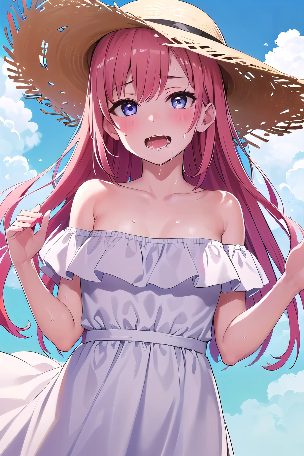 (8K, top-quality, masterpiece:1.2), (reallistic, Photorealsitic:1.37), Super Detail, One girl,), (Highly detailed), (beautifully detailed eyes), (of the highest quality), (super detailed ), (masterpiece), (Detailed face),20yr old, ,1 girl, ((pink hair,long hair)), medium breasts, clothed, Perfect Lighting, BREAK, (white dress:1.5), (long skirt:1.3), (off-shoulder:1.3), (embroidered hem:1.2), (white sandals:1.2), (straw hat:1.5), (white ribbon:1.3), (summer:1.4), (lightweight fabric:1.2), BRAKE, (upper body to thighs:1.2), (long pink hair:1.3), (smile:1.2), (face slightly up:1.2), (holding a hat:1.2), (summer sky with cumulus clouds:1.4), (backlit:1.2), BRAKE (sweat:1.5), (steam:1.2), (masturbation:1.2), (girl trembling with sexual climax:1.1), (looking at viewer:1.3), (open mouth, drool:1.2), (NSFW:1.1)