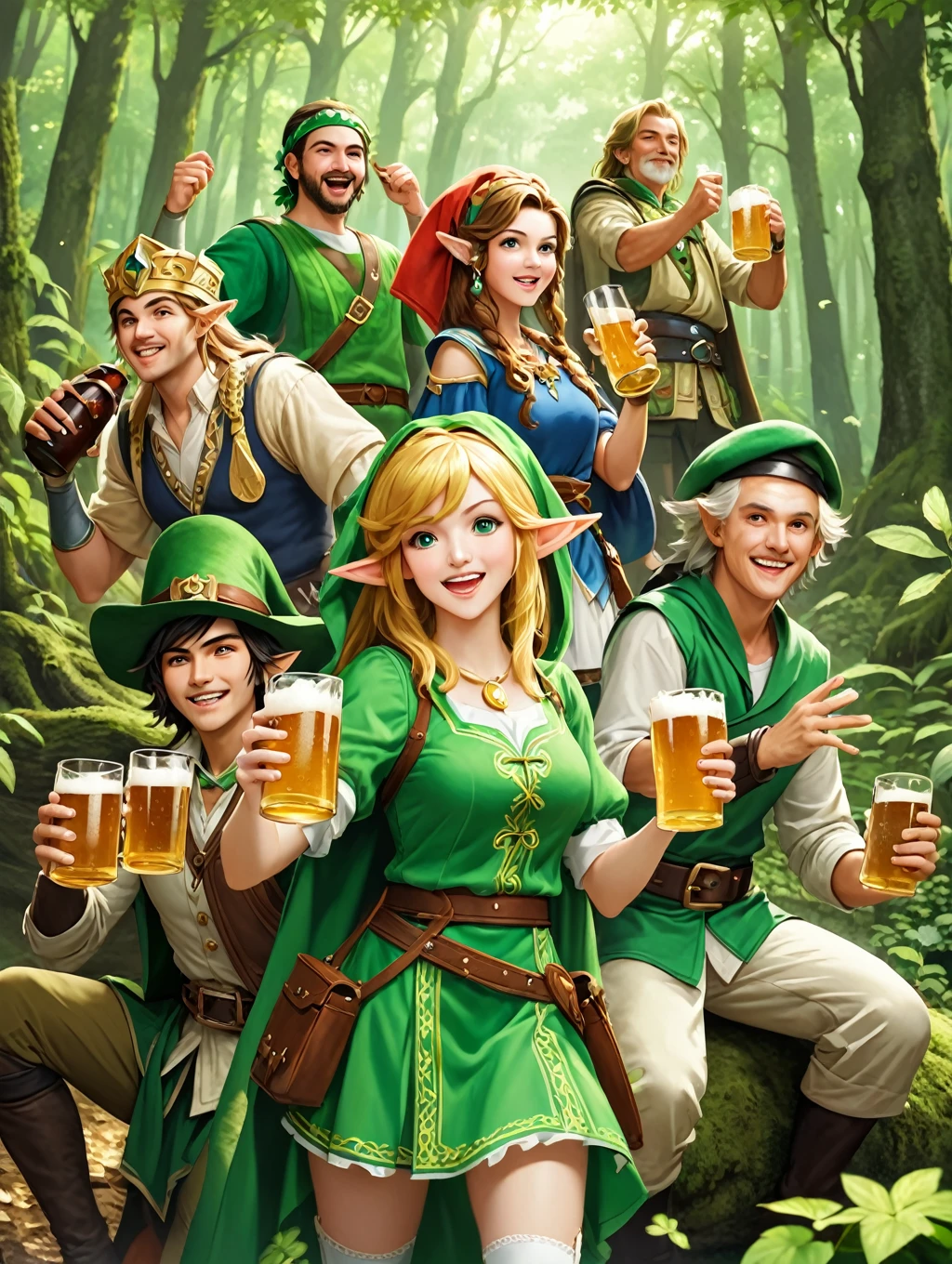 Still image in realistic art style，A group of happy The Legend of Zelda characters, (Male and female)Wearing various The Legend of Zelda game culture costumes，They hold beer mugs，Gathering in an ancient forest，There is food and drinks，Celebrate St. Patrick&#39;s Day，Shamrock，Perfect hands，Shooting from above，at night，Shallow depth of field，Vignette，Highly detailed，High Budget，Bokeh，Widescreen，Moody，epic，gorgeous，Film Grain，Graininess