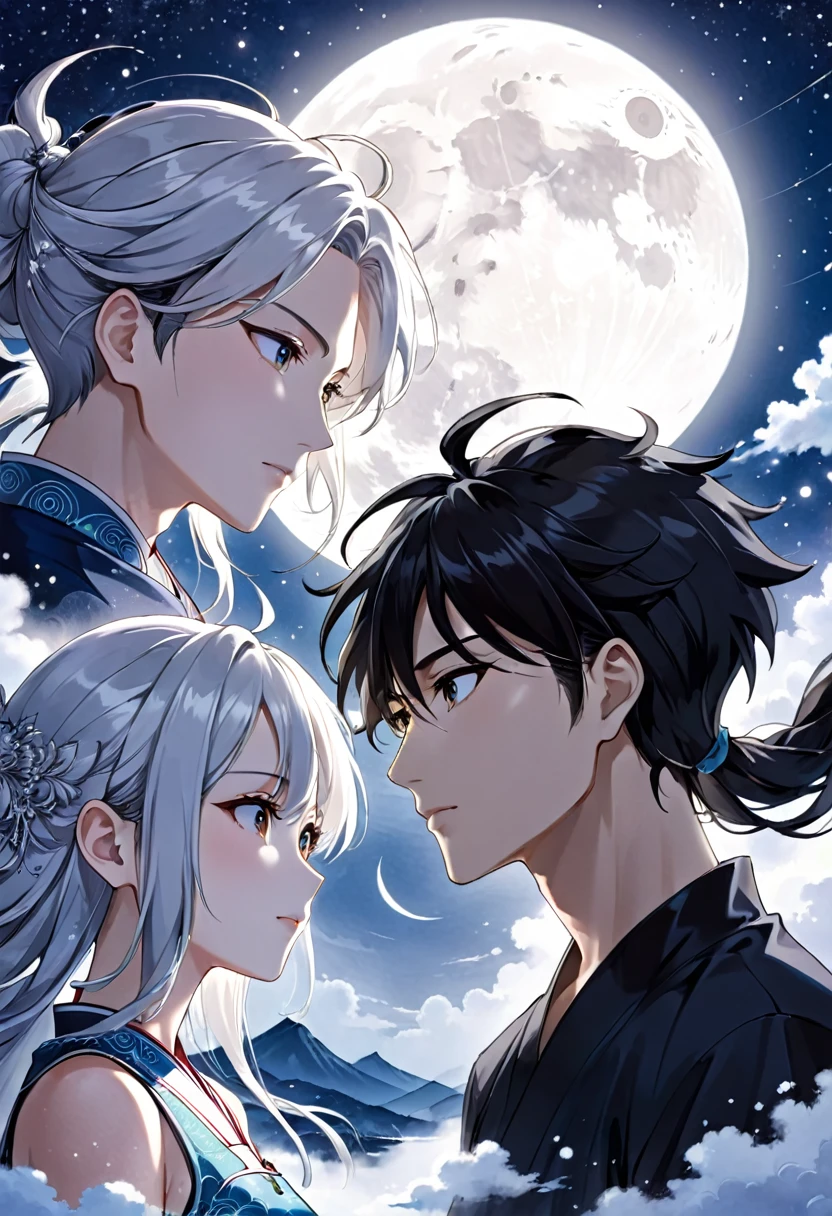 a couple in love under a full moon and starry sky, detailed anime style portrait, ancient chinese ink painting style art, manga cover style, moon behind them, clean and detailed anime style, guys, digital anime illustration, detailed and clean anime art, detailed manga style, illustration anime, anime style illustration, 4k anime style, detailed digital anime art Look at each other