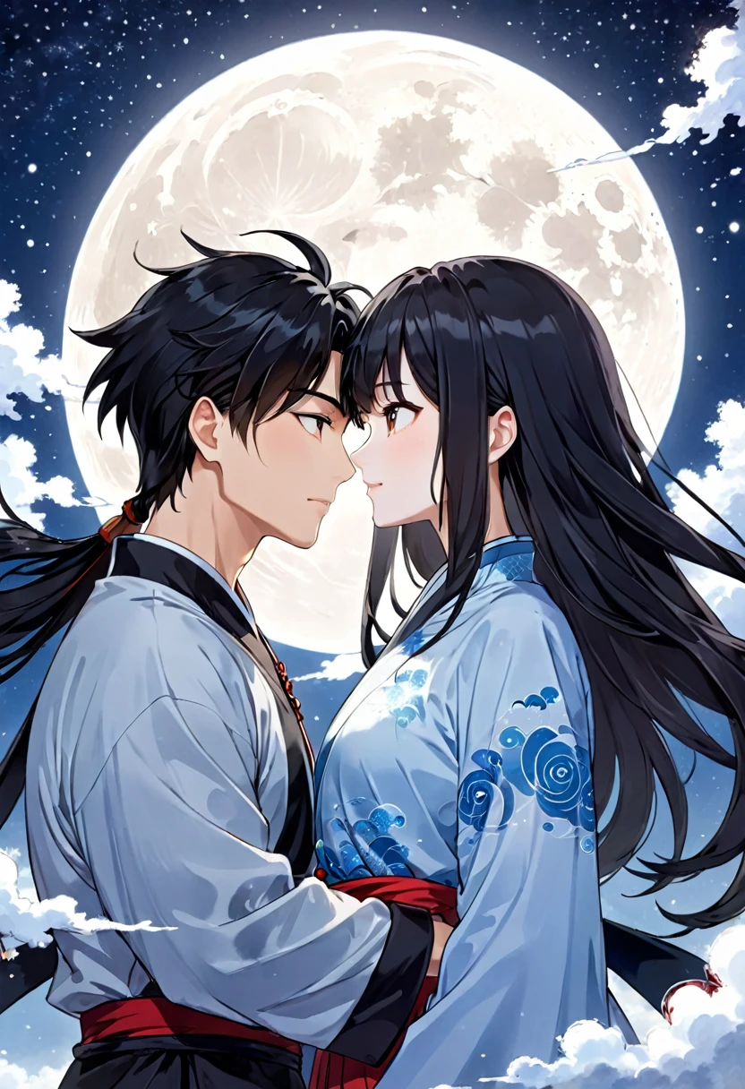 a couple in love under a full moon and starry sky, detailed anime style portrait, ancient chinese ink painting style art, manga cover style, moon behind them, clean and detailed anime style, guys, digital anime illustration, detailed and clean anime art, detailed manga style, illustration anime, anime style illustration, 4k anime style, detailed digital anime art Look at each other