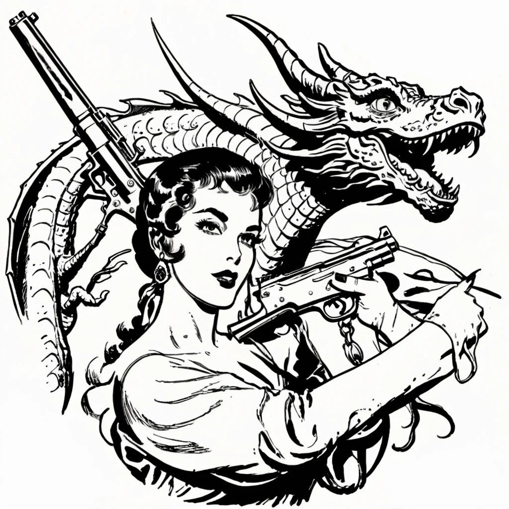 vintage clipart illustration of an arabed image of a woman with a gun and a dragon laying in her shoulder, delirious, defiant, official artwork, 3delight, full color illustration, cd cover artwork, detailed cover artwork, full color digital illustration, delicate, demolition, defiant and beautiful, detailed artwork, destitute, 3 color screen print, artwork, commercial line art 