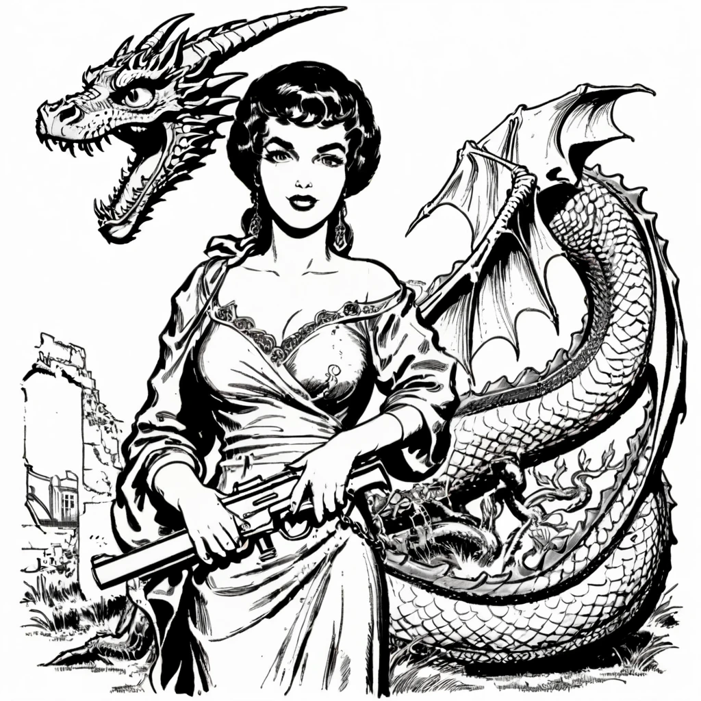 vintage clipart illustration of an arabed image of a woman with a gun and a dragon laying in her shoulder, delirious, defiant, official artwork, 3delight, full color illustration, cd cover artwork, detailed cover artwork, full color digital illustration, delicate, demolition, defiant and beautiful, detailed artwork, destitute, 3 color screen print, artwork, commercial line art 